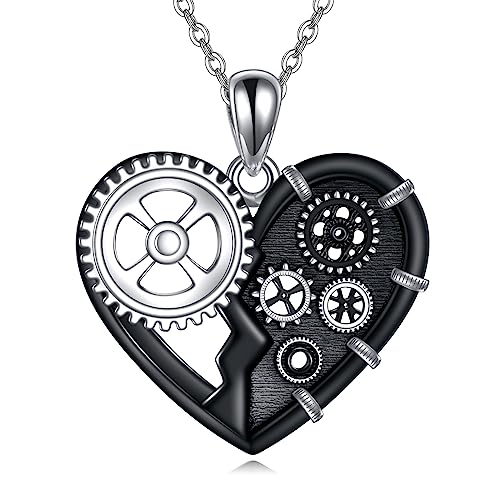 JERWLI Steampunk Gear Kette Silber 925 Schwarze Steam Punk Halskette Gothic Herz Steampunk Schmuck für Damen Männer Mädchen Halloween Geschenke von JERWLI