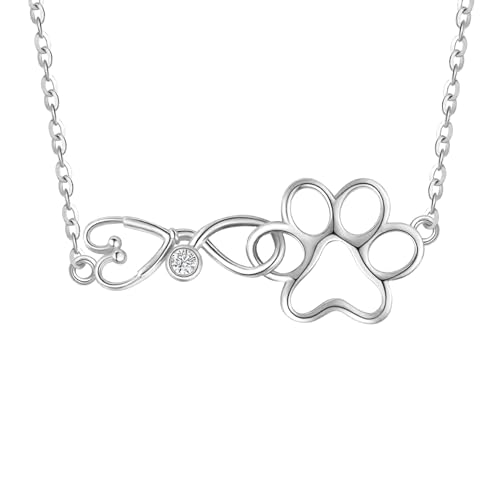 JERWLI Stethoskop Pfotenabdruck Halskette 925 Sterling Silber Tierarzt Schwester Halsketten Schmuck Veterinär Geschenk für Frauen Girls Krankenpflege Schulab Schluss Geschenke von JERWLI
