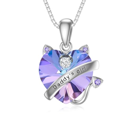 JERWLI Tochter Kette 925 Sterling Silber Katze Herz Lila Kristall Daddy's Girl Anhänger Halskette Tochter Schmuck Geschenke von Papa für Mädchen (LILA) von JERWLI