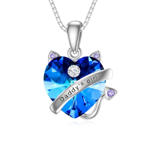 JERWLI Tochter Kette 925 Sterling Silber Katze Herz Blau Kristall Daddy's Girl Anhänger Halskette Tochter Schmuck Geschenke von Papa für Mädchen (BLAU) von JERWLI