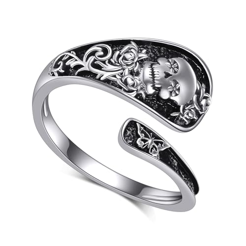 JERWLI Totenkopf Ring für Frauen 925 Sterling Sliver Totenkopf Löffel Ringe Gothic Punk Ringe Schmetterling Statement Ring Vintage viktorianischen Schmuck Geschenke für Frauen Ehefrau von JERWLI