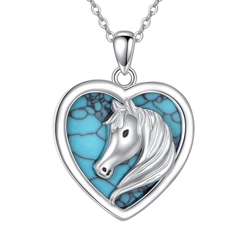JERWLI Türkisfarbene Pferdehalskette 925er Sterlingsilber Herz-Pferdeschmuck Halskette mit Türkisanhänger Pferdekopfschmuck Cowgirl-Geschenke für Frauen von JERWLI