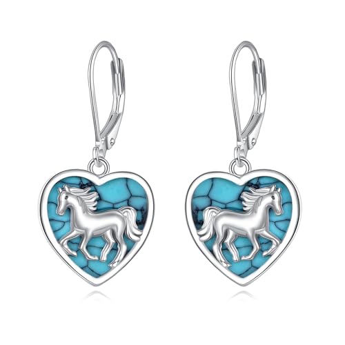 JERWLI Türkisfarbene Pferdeohrringe 925er Sterlingsilber Herz-Pferdeschmuck türkisfarbene Ohrhänger Pferdekopf-Ohrring Cowgirl-Geschenke für Frauen von JERWLI