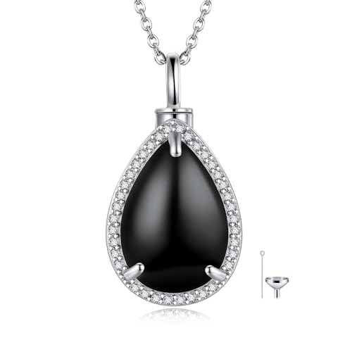 JERWLI Urn Halskette für Asche Sterling Silber Schwarz Onyx Teardrop Halskette Einäscherung Schmuck Andenken für Frauen von JERWLI