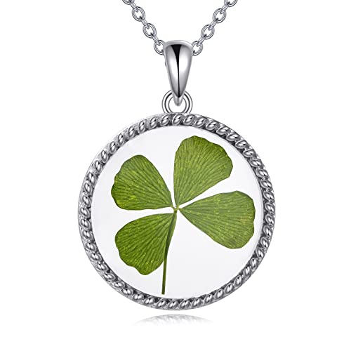 Kleeblatt Kette Silber 925 Vierblättriges Kleeblatt Halskette Glücksbringer Getrocknete Kleeblatt Halskette Transparente Harz Glücksklee Kleeblatt Schmuck Geschenke für Damen Mädchen St. Patrick's Day von JERWLI