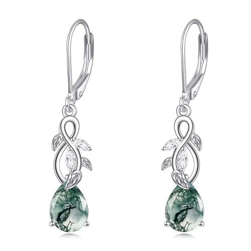 Natürliche Moosachat Ohrringe Hängend 925 Sterling Silber Unendlichkeit Blatt Moos Achat Ohrringe Tropfen Leverback Grüne Edelstein Schmuck Geschenke für Damen Frauen von JERWLI