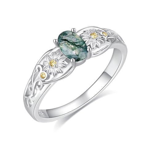 Natürlicher Moos Achat Ring Daisy Ring 925 Sterling Silber Moosachat Schmuck Geschenke für Damen Frauen Mädchen Mutter (Größe 8) von JERWLI