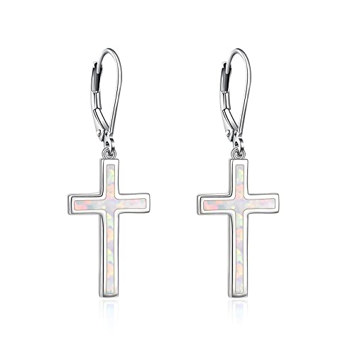 Opal Kreuz Ohrringe für Damen 925er Sterlingsilber Leverback weißer Opal Baumelnde Kreuz Ohrringe für Mädchen von JERWLI