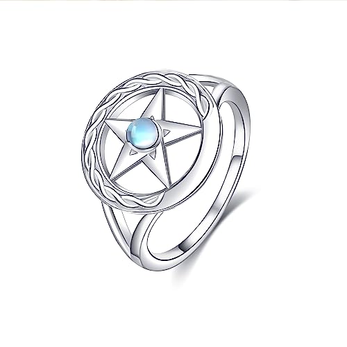 Pentagram Pentagram Ring Sterling Silber Keltischer Knoten Halbmond Hexe Wicca Pagan Ringe Schutz Amulett Pentagram Mondstein Pentagram Schmuck für Frauen (7) von JERWLI