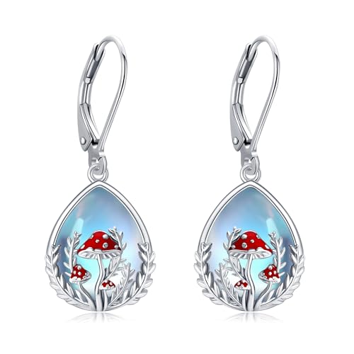 Pilz Ohrringe S925 Sterling Silber Pilz Dangle Ohrstecker Mondstein Pilz Schmuck für Frauen weibliche Liebhaber von JERWLI