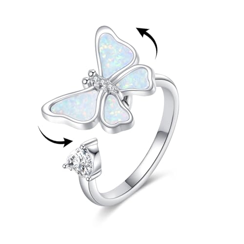 Schmetterlings Ring S925 Sterling Silber Opal Schmetterlings Angst Ring Spinner Fidget Verstellbarer Ring Schmuck Geschenke für Frauen Damen (8) von JERWLI