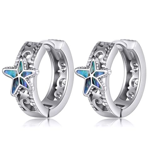 JERWLI Seesterne Ohrringe 925 Sterling Silber Seesterne Kleine Huggie Creolen Ohrringe Abalone Muschel Seesterne Schmuck Ozeane Geschenke für Damen Männer Mädchen von JERWLI