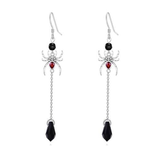 Spinnen Ohrringe S925 Sterling Silber Schwarze Spinne Hänge Ohrstecker mit hängendem rotem CZ Gothic Ohrringe Punk Schmuck Geschenke für Frauen Damen Liebhaberinnen von JERWLI