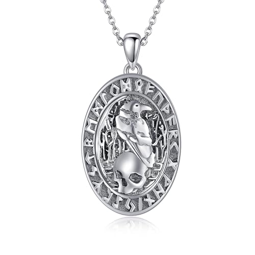 JERWLI Wikinger Rabe Kette 925 Sterling Silber Rabe und Totenkopf Anhänger Halskette Wikinger Schmuck Geschenke für Damen Männer von JERWLI