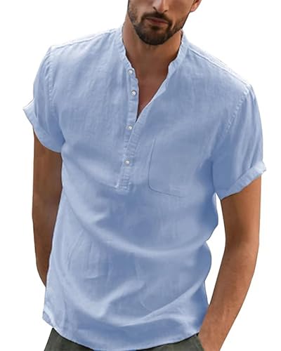 JESDM Herren Baumwolle Leinenhemd Sommerhemd Herren Hemd Kurzarm Regular Fit Freizeithemd Shirts Blau 3XL von JESDM