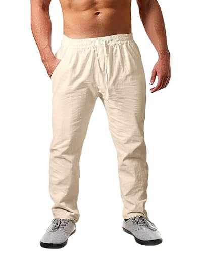 JESDM Herren Hose Lang Leichte Sommerhose Leinenhose Freizeithose Khaki M von JESDM