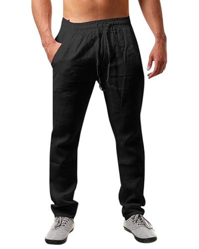 JESDM Herren Lässige Leinenhose Kordelzug Sommer Strandhose Schwarz M von JESDM