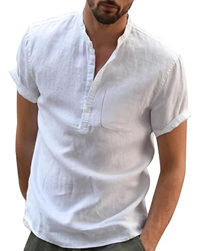 JESDM Leinen Hemd Herren Sommer Kurzarm Shirt Männer Slim Fit Freizeit Weiß 3XL von JESDM