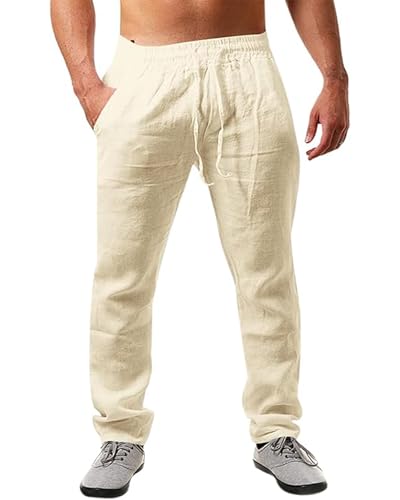 JESDM Leinen Herren Hose Lang aus Baumwollmischung Einfarbig für Männer Stoffhose Beige 3XL von JESDM
