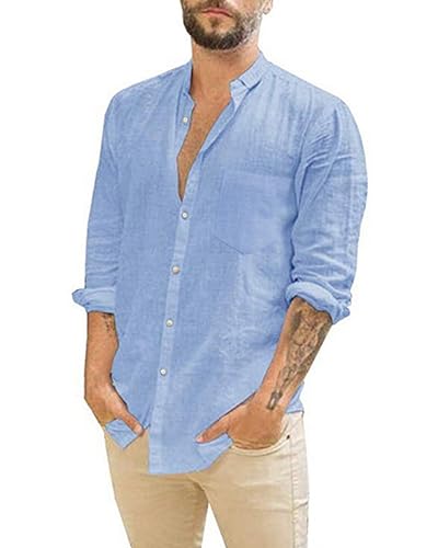 JESDM Leinenhemd Herren Hemd Langarm Baumwolle Leinen Hemden Button-Down Freizeithemden Blau M von JESDM
