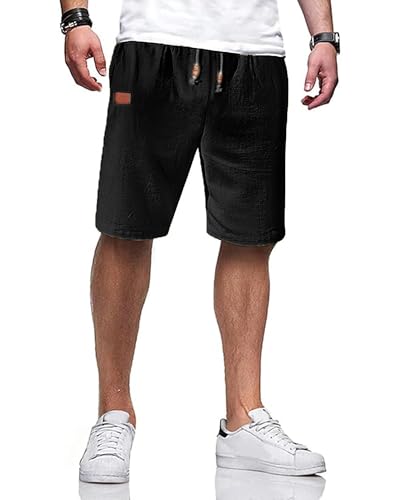 JESDM Shorts Herren Kurze Hosen mit Tunnelzug Leinen Shorts Leinenhose Regular Fit Sommerhose Strandshorts Urlaubshose Schwarz 2XL von JESDM