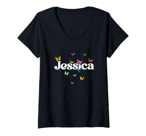 Damen Jessica - Schöner Mädchen Name mit bunten Schmetterlingen T-Shirt mit V-Ausschnitt Damen Jessica - Schöner Mädchen Name mit bunten Schmetterlingen T-Shirt mit V-Ausschnitt von JESSICA Tochter Enkel Geburtstag Geschenkideen