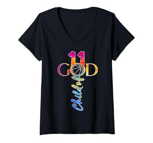 Damen JESUS 11 YEARS CHILD OF GOD BASKETBALL 11. GEBURTSTAG T-Shirt mit V-Ausschnitt von JESUS LOVES BASKETBALL BIRTHDAY DESIGNS & OUTFITS