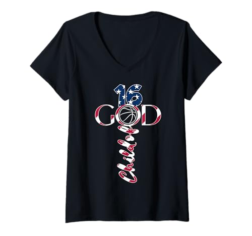 Damen JESUS 16 YEARS CHILD OF GOD BASKETBALL 16. GEBURTSTAG T-Shirt mit V-Ausschnitt von JESUS LOVES BASKETBALL BIRTHDAY DESIGNS & OUTFITS