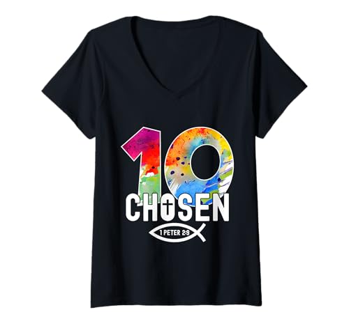 Damen Chosen 10 RELIGIÖSES 10 Jahre Jesus 10. Geburtstag T-Shirt mit V-Ausschnitt von JESUS LOVES YOU BIRTHDAY DESIGNS & OUTFITS