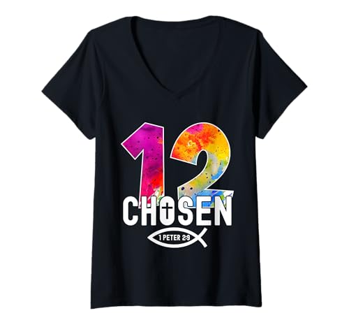Damen Chosen 12 RELIGIÖSES 12 Jahre Jesus 12. Geburtstag T-Shirt mit V-Ausschnitt von JESUS LOVES YOU BIRTHDAY DESIGNS & OUTFITS