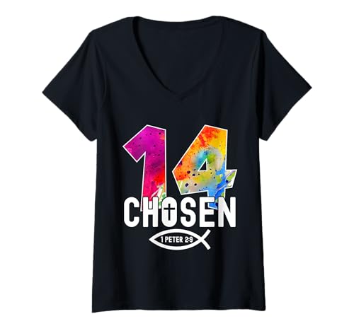 Damen Chosen 14 RELIGIÖSES 14 Jahre Jesus 14. Geburtstag T-Shirt mit V-Ausschnitt von JESUS LOVES YOU BIRTHDAY DESIGNS & OUTFITS