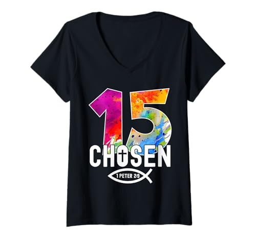 Damen Chosen 15 RELIGIÖSES 15 Jahre Jesus 15. Geburtstag T-Shirt mit V-Ausschnitt Damen Chosen 15 RELIGIÖSES 15 Jahre Jesus 15. Geburtstag T-Shirt mit V-Ausschnitt von JESUS LOVES YOU BIRTHDAY DESIGNS & OUTFITS