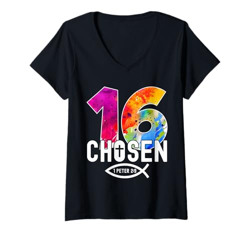 Damen Chosen 16 RELIGIÖSES 16 Jahre Jesus 16. Geburtstag T-Shirt mit V-Ausschnitt von JESUS LOVES YOU BIRTHDAY DESIGNS & OUTFITS