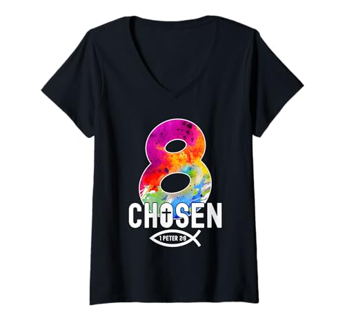 Damen Chosen 8 RELIGIÖSES 8 Jahre Jesus 8. Geburtstag T-Shirt mit V-Ausschnitt von JESUS LOVES YOU BIRTHDAY DESIGNS & OUTFITS