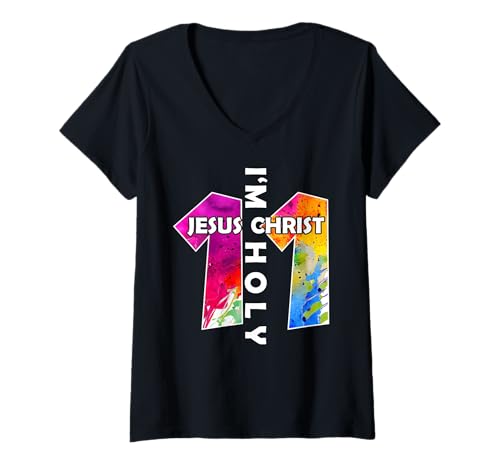 Damen Jesus Christ ICH Bin 11 Jahre Jesus 11. Geburtstag T-Shirt mit V-Ausschnitt von JESUS LOVES YOU BIRTHDAY DESIGNS & OUTFITS