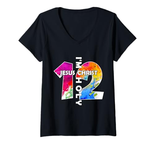 Damen Jesus Christ ICH Bin 12 Jahre Jesus 12. Geburtstag T-Shirt mit V-Ausschnitt von JESUS LOVES YOU BIRTHDAY DESIGNS & OUTFITS
