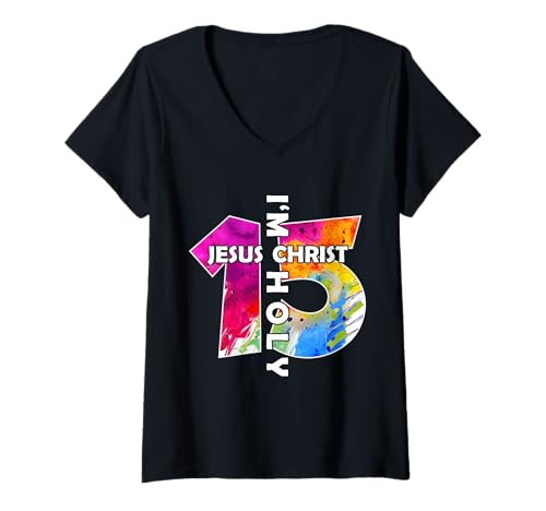 Damen Jesus Christ ICH Bin 15 Jahre Jesus 15. Geburtstag T-Shirt mit V-Ausschnitt von JESUS LOVES YOU BIRTHDAY DESIGNS & OUTFITS