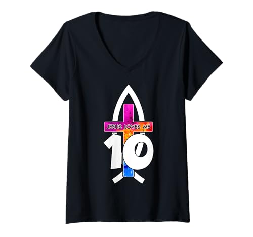 Damen Jesus Loves ME 10 RELIGIÖSES 10 Jahre Jesus 10. Geburtstag T-Shirt mit V-Ausschnitt von JESUS LOVES YOU BIRTHDAY DESIGNS & OUTFITS
