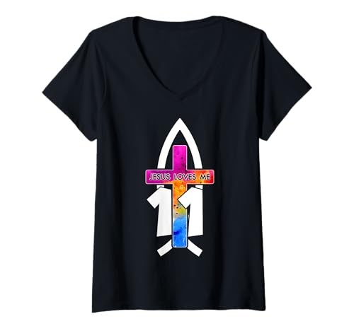 Damen Jesus Loves ME 11 RELIGIÖSES 11 Jahre Jesus 11. Geburtstag T-Shirt mit V-Ausschnitt von JESUS LOVES YOU BIRTHDAY DESIGNS & OUTFITS