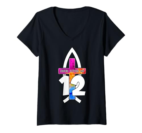 Damen Jesus Loves ME 12 RELIGIÖSES 12 Jahre Jesus 12. Geburtstag T-Shirt mit V-Ausschnitt von JESUS LOVES YOU BIRTHDAY DESIGNS & OUTFITS