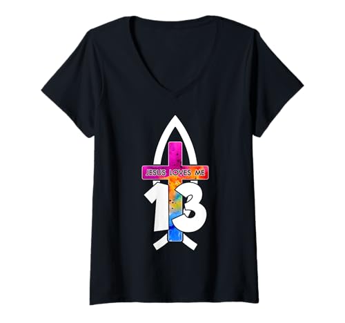 Damen Jesus Loves ME 13 RELIGIÖSES 13 Jahre Jesus 13. Geburtstag T-Shirt mit V-Ausschnitt von JESUS LOVES YOU BIRTHDAY DESIGNS & OUTFITS