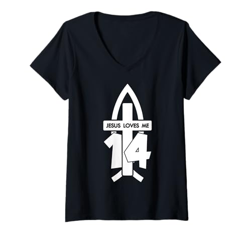 Damen Jesus Loves ME 14 RELIGIÖSES 14 Jahre Jesus 14. Geburtstag T-Shirt mit V-Ausschnitt Damen Jesus Loves ME 14 RELIGIÖSES 14 Jahre Jesus 14. Geburtstag T-Shirt mit V-Ausschnitt von JESUS LOVES YOU BIRTHDAY DESIGNS & OUTFITS