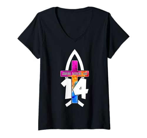 Damen Jesus Loves ME 14 RELIGIÖSES 14 Jahre Jesus 14. Geburtstag T-Shirt mit V-Ausschnitt von JESUS LOVES YOU BIRTHDAY DESIGNS & OUTFITS