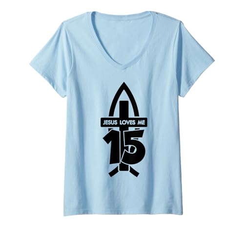 Damen Jesus Loves ME 15 RELIGIÖSES 15 Jahre Jesus 15. Geburtstag T-Shirt mit V-Ausschnitt Damen Jesus Loves ME 15 RELIGIÖSES 15 Jahre Jesus 15. Geburtstag T-Shirt mit V-Ausschnitt von JESUS LOVES YOU BIRTHDAY DESIGNS & OUTFITS