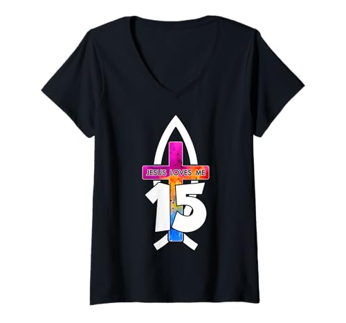 Damen Jesus Loves ME 15 RELIGIÖSES 15 Jahre Jesus 15. Geburtstag T-Shirt mit V-Ausschnitt Damen Jesus Loves ME 15 RELIGIÖSES 15 Jahre Jesus 15. Geburtstag T-Shirt mit V-Ausschnitt von JESUS LOVES YOU BIRTHDAY DESIGNS & OUTFITS
