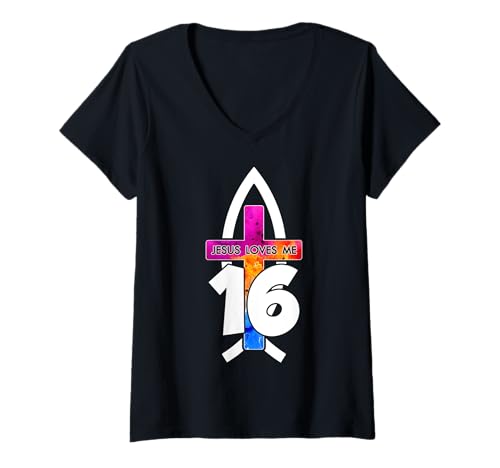Damen Jesus Loves ME 16 RELIGIÖSES 16 Jahre Jesus 16. Geburtstag T-Shirt mit V-Ausschnitt von JESUS LOVES YOU BIRTHDAY DESIGNS & OUTFITS