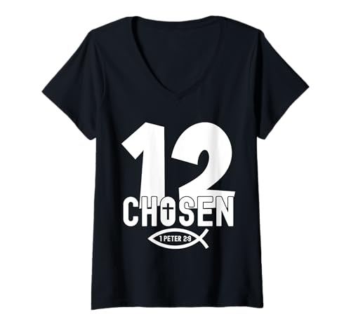 Damen RELIGIÖSES Chosen 12 Jahre Jesus 12. Geburtstag T-Shirt mit V-Ausschnitt von JESUS LOVES YOU BIRTHDAY DESIGNS & OUTFITS