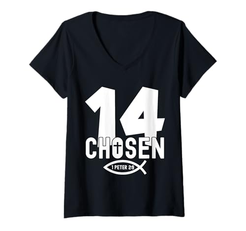 Damen RELIGIÖSES Chosen 14 Jahre Jesus 14. Geburtstag T-Shirt mit V-Ausschnitt von JESUS LOVES YOU BIRTHDAY DESIGNS & OUTFITS