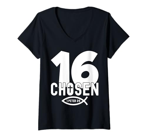 Damen RELIGIÖSES Chosen 16 Jahre Jesus 16. Geburtstag T-Shirt mit V-Ausschnitt von JESUS LOVES YOU BIRTHDAY DESIGNS & OUTFITS