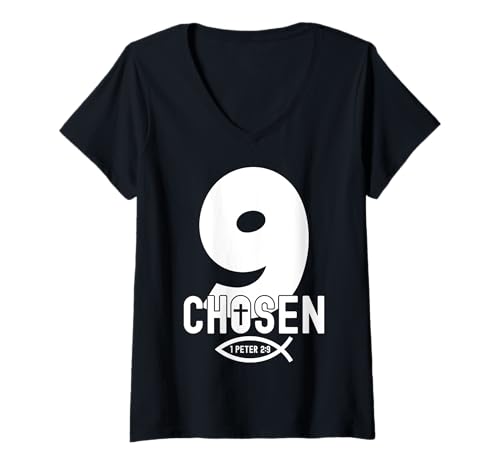 Damen RELIGIÖSES Chosen 9 Jahre Jesus 9. Geburtstag T-Shirt mit V-Ausschnitt von JESUS LOVES YOU BIRTHDAY DESIGNS & OUTFITS